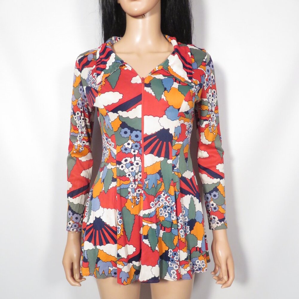 Vintage 60s Psychedelic Print Mini Dress 2 Piece Set Made In USA Size XS